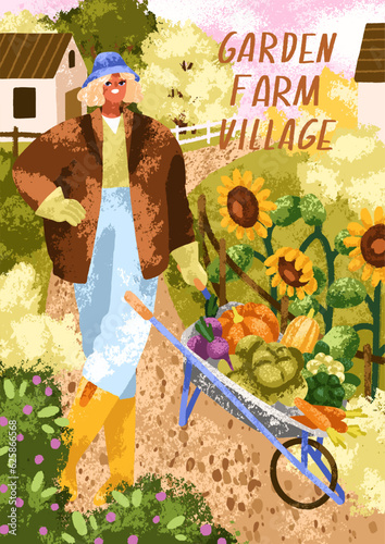 Woman at farm garden, card. Girl farmer with organic vegetable harvest. Moder...