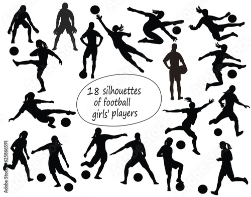 18 girl silhouettes of women's football players and goalkeepers in uniforms standing in the goal, running, hitting the ball, jumping