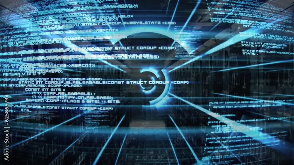 Animation of circular tunnel over computer language against against server room in background