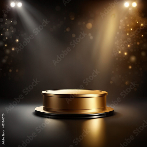 Gold podium on dark background with smoke. Empty pedestal for award ceremony. Platform illuminated by spotlights. Made with generative ai