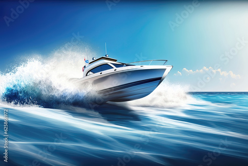 Tela Modern boat in full speed on beautiful blue sea, illustration generative AI
