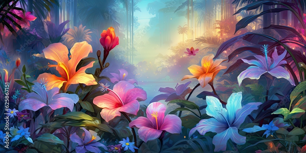  an oil painting of tropical watercolor flowers reminiscent of Van Gogh's style, featuring bold brushstrokes and vibrant colors Tropical Watercolor Flowers Generative Ai Digital Illustration