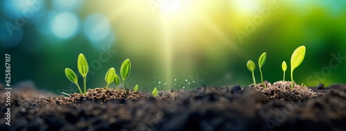 The seedling are growing from the rich soil to the morning sunlight that is shining, ecology concept. wide panoramic banner, digital ai