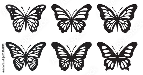 Silhouettes of butterflies, Insect butterfly black silhouettes, Set of tattoo and sticker type vector butterflies © stockeefy