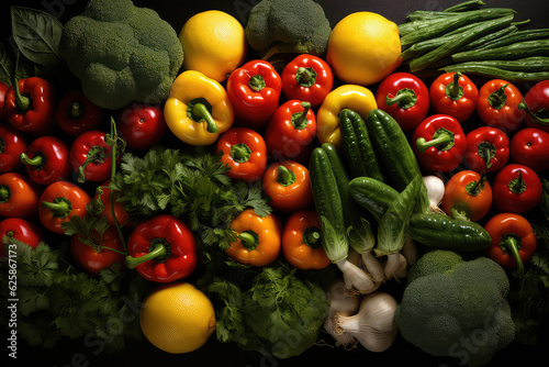 An overhead view of fresh different vegetables. Bell peppers  herbs  broccoli. Vegetable wallpaper for fresh produce market.