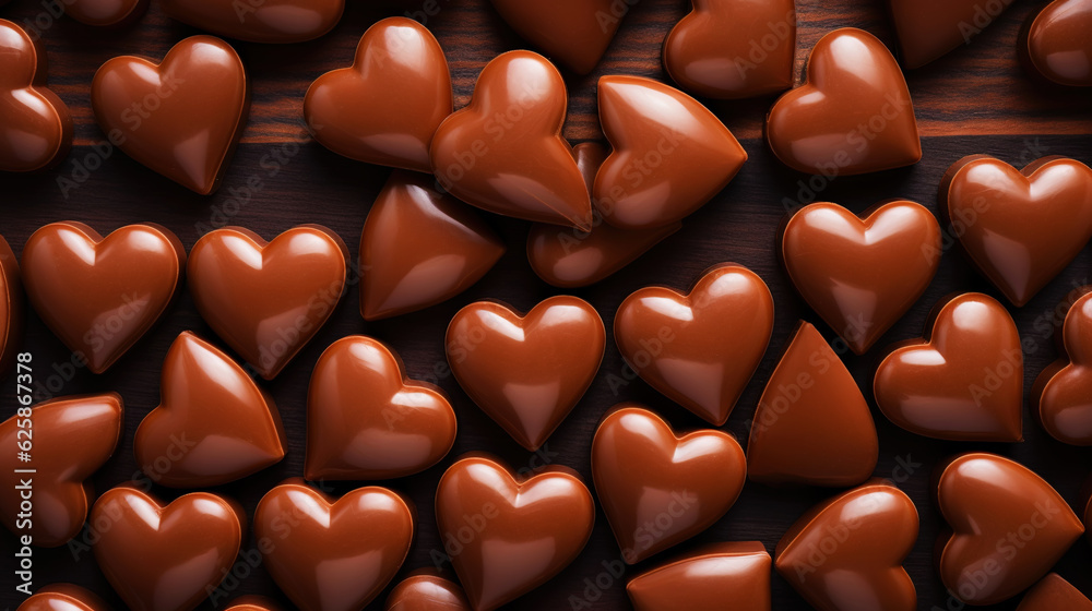 Fototapeta premium Tasty heart-shaped chocolate candies as background, top view. Valentine's day. Generative AI