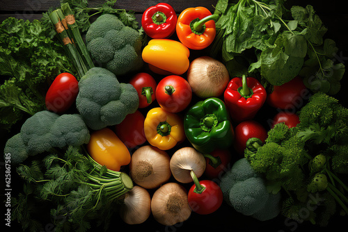 An overhead view of fresh different vegetables. Bell peppers  herbs  broccoli. Vegetable wallpaper for fresh produce market.