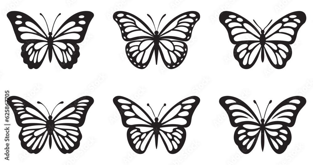 Silhouettes of butterflies, Insect butterfly black silhouettes, Set of tattoo and sticker type vector butterflies