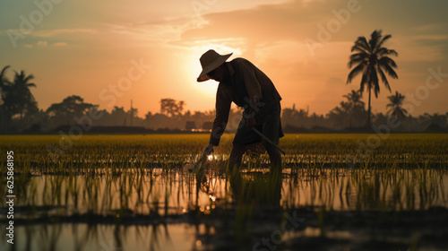 a farmer working in a rice paddy during sunrise: The hardworking silhouette of a farmer tending to the fields, with the sun rising over the horizon, symbolizing the connection between humanity and nat