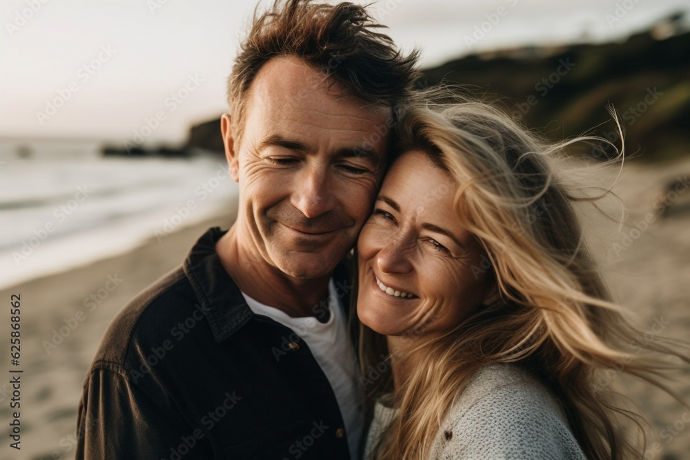 Obraz premium Couple in their 40s smiling happy on a sea shore,embracing