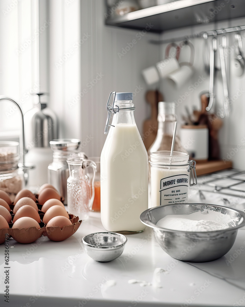 a baking process on a bright ,white kitchen bench ,ingredients for baking,flour and eggs,baking ingredients for baking a baking process on a bright ,white kitchen bench ,ingredients for baking,flour and eggs,baking ingredients for baking