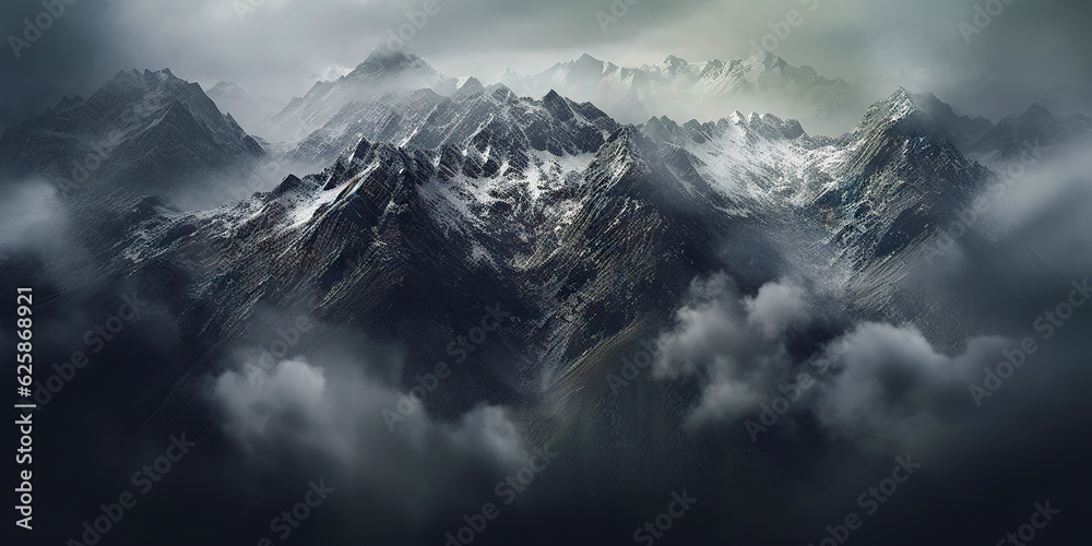 Dramatic snow-capped mountains landscape. Clouds and fog covers stone slopes. Generative AI