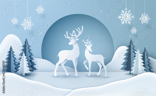 Reindeer with christmas tree and snow