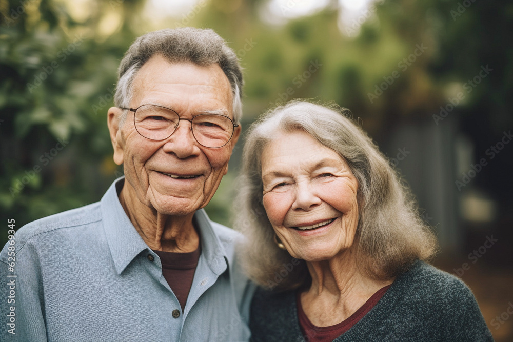 Senior loving couple in their 80's supportive and serene, garden outdoor background Senior loving couple in their 80's supportive and serene, garden outdoor background