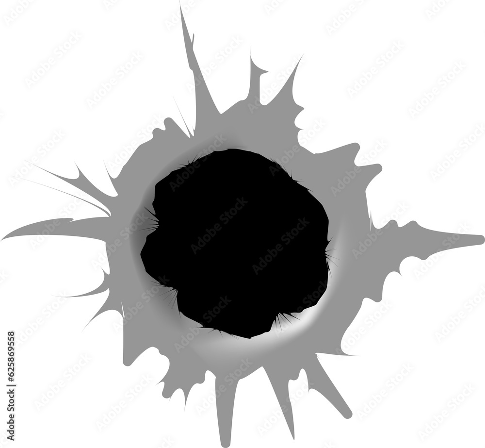 Ragged hole in metal from bullets. Bullet hole. Realistic metal bullet hole, damage effect. Ragged hole in metal from bullets. Bullet hole. Realistic metal bullet hole, damage effect.