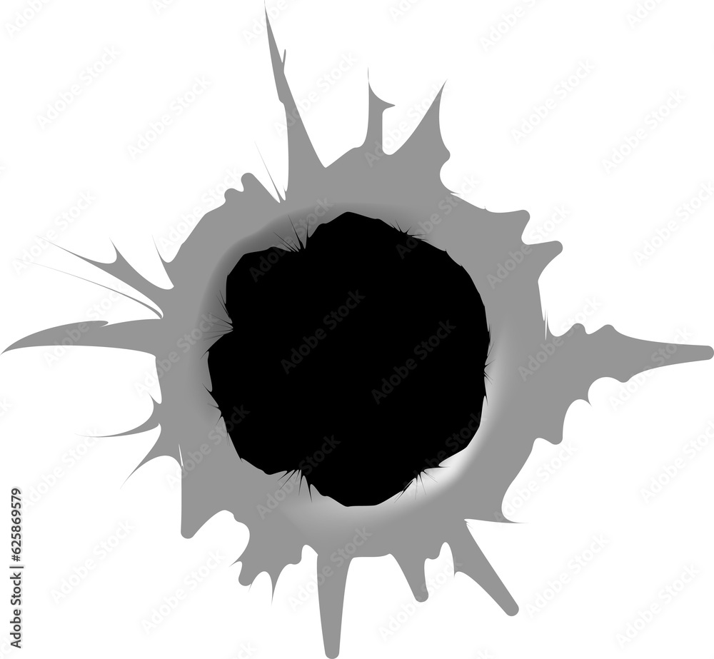 Ragged hole in metal from bullets. Bullet hole. Realistic metal bullet hole, damage effect. Ragged hole in metal from bullets. Bullet hole. Realistic metal bullet hole, damage effect.