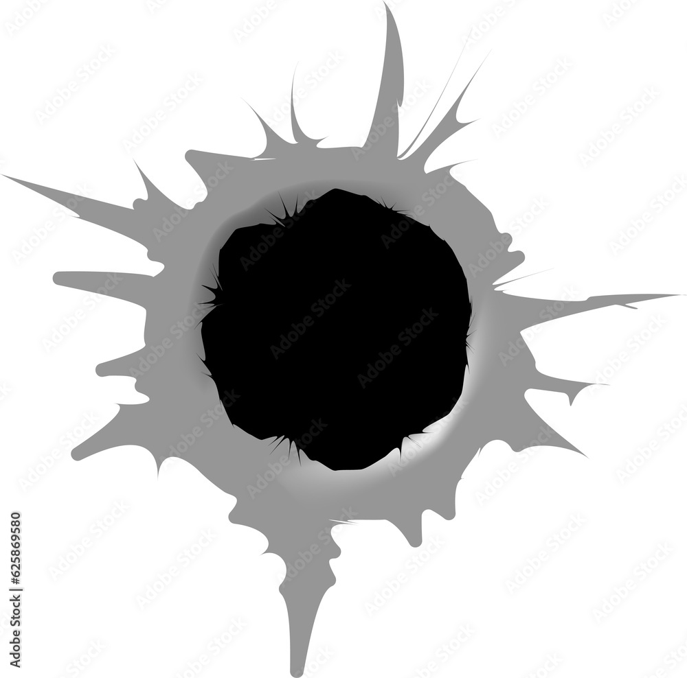 Ragged hole in metal from bullets. Bullet hole. Realistic metal bullet hole, damage effect. Ragged hole in metal from bullets. Bullet hole. Realistic metal bullet hole, damage effect.
