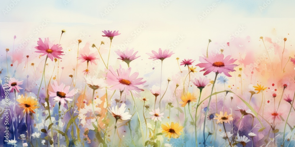  Serene Watercolor Meadows: Tranquil Fields Adorned with Gentle Florals - Evoking Calmness and Harmony  Loose Abstract Watercolor Flowers Generative Ai Digital Illustration