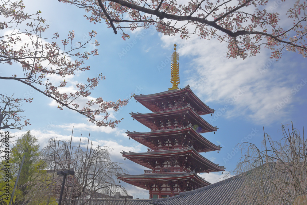 The view of  five-storey pagoda at the Sensoji Kannon temple in Asakusa, Tokyo, Japan