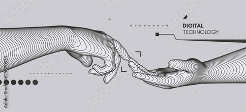Hands reaching towards each other. Concept of human relation, togetherness or  partnership. 3D vector illustration. Can be used for advertising, marketing or presentation.