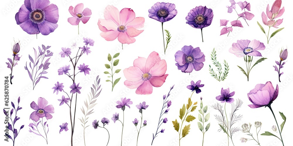  Delightful Watercolor Hand-Painted Flowers for Creating Beautiful Invitations, Wedding Cards, and Birthday Cards   Purple Watercolor Flowers Generative Ai Digital Illustration