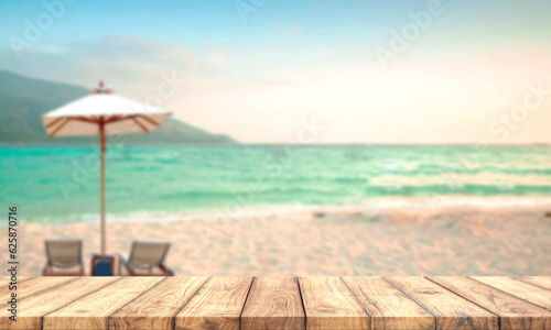 Wooden table. In nature background  blurred sea in summer season.