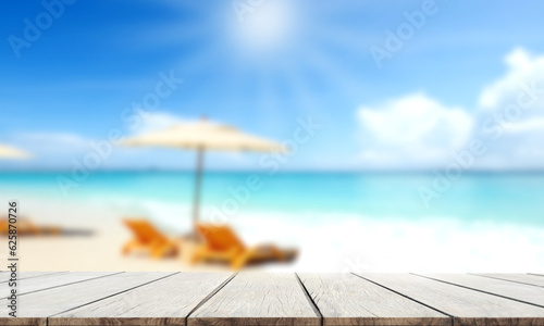 Canvas Print Wooden table. In nature background, blurred sea in summer season.