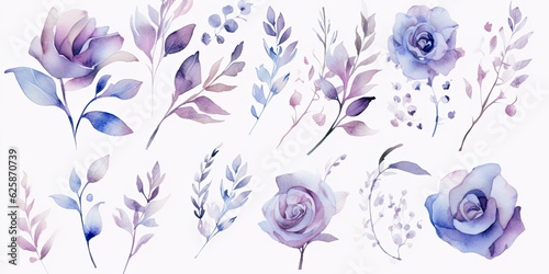 Transparent Roses, Pastel Blue Leaves, and Branches for Wedding Design and Greeting Cards Elegant Botanical Illustrations Purple Watercolor Flowers Generative Ai Digital Illustration