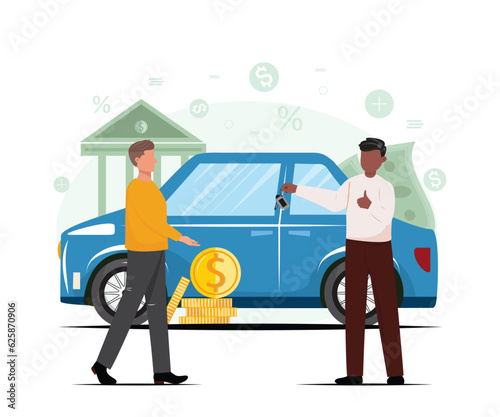 Illustration of a black seller man hands over the keys to the client. Purchase, sale or rental car. Purchase, selling, credit, vehicle, insurance concept.