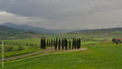 Tuscany green fields in spring in the Orcia Valley italy Aerial view