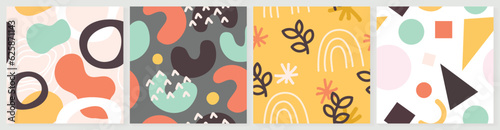 Set of doodle in seamless pattern. Abstract art background vector design with childish scribble, leaf, geometric, doodle in vibrant color. Fun creative illustration for kids, fabric, prints, cover.