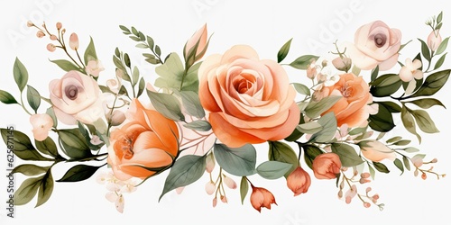  Elegant Roses and Eucalyptus Branches Complement Big Transparent Peach Flowers Watercolor Flowers Paintings Generative Ai Digital Illustration