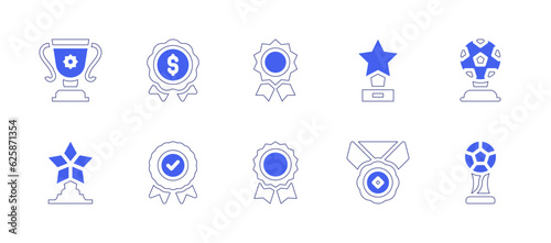 Awards icon set. Duotone style line stroke and bold. Vector illustration. Containing trophy, badge, medal, award, soccer cup.