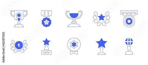 Awards icon set. Duotone style line stroke and bold. Vector illustration. Containing trophy, badge, laurel wreath, medal, award.