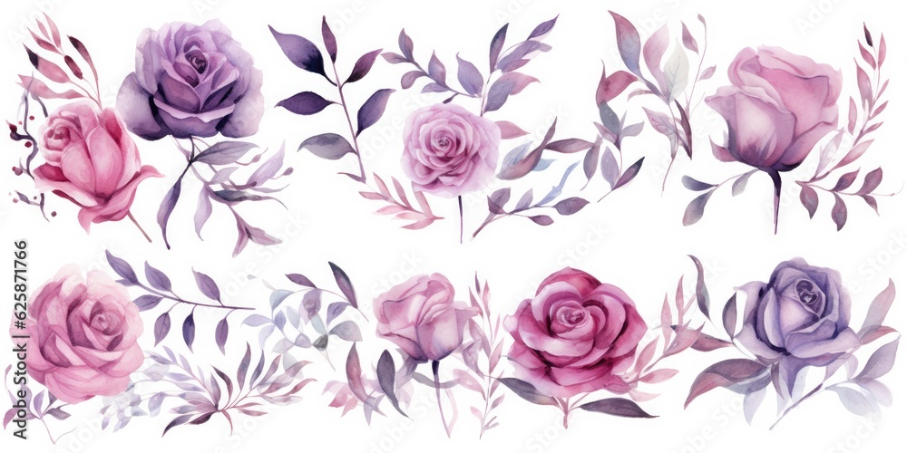 Transparent Floral Set of Majestic Pink Roses, Delicate Buds, Graceful Leaves, and Whimsical Branches  Watercolor Flowers Paintings Generative Ai Digital Illustration