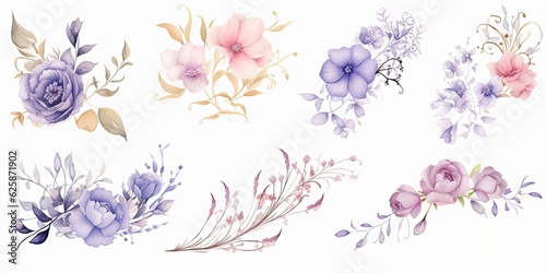 A Captivating Collection of Transparent Floral Arrangements. Delicate Roses, Buds, Leaves, and Branches in Soft Pastel Shades of Pink, Grey, Blue, Violet, and Purple Generative AI Digital Illustration