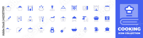 Cooking icon collection. Duotone style line stroke and bold. Vector illustration. Containing cooking pot, beans, chef, cook, microwave, cooking, dango, recipe, apron, spatula, oven glove, and more.