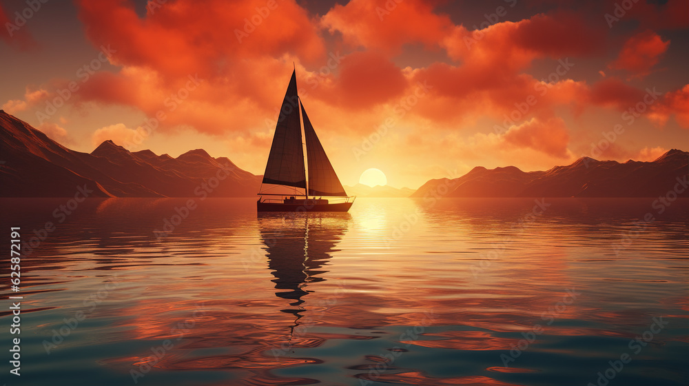 a lone sailboat on a calm lake during sunrise: The serene silhouette of a sailboat gliding across still waters, with the sun rising behind it, capturing the tranquility and serenity of an early mornin