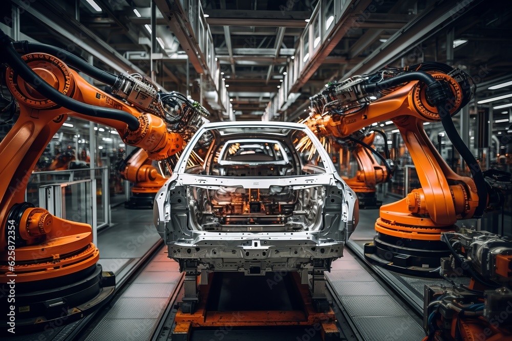 Fototapeta premium Automotive Assembly Line With Robots, Generative AI