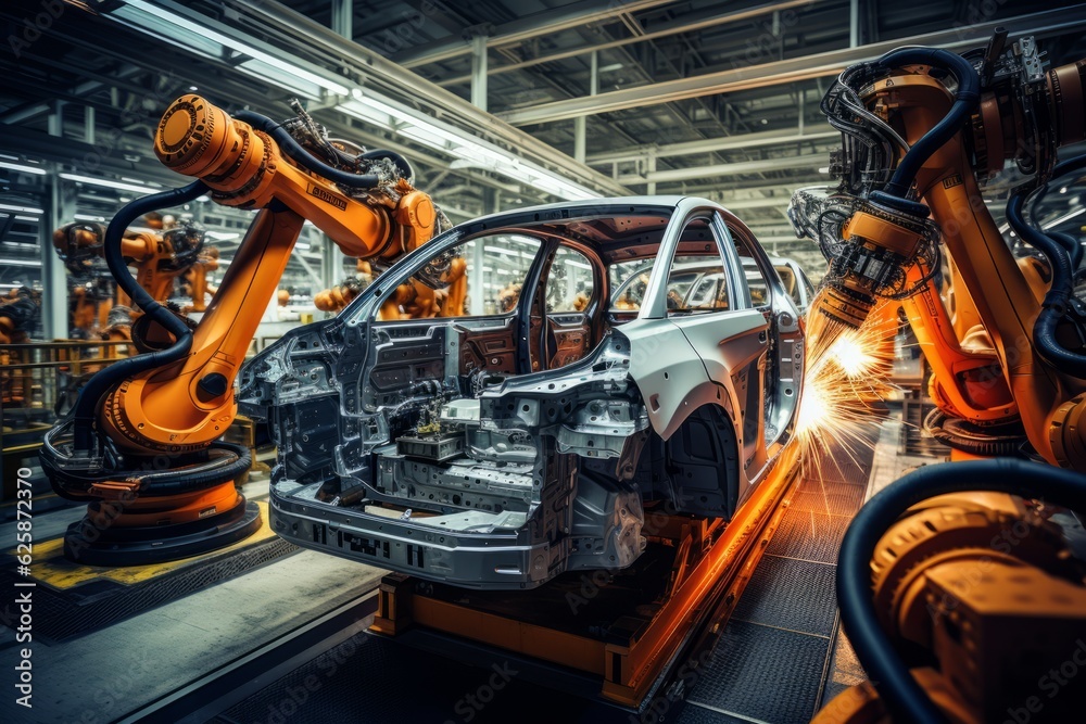 Automotive Assembly Line With Robots, Generative AI Automotive Assembly Line With Robots, Generative AI