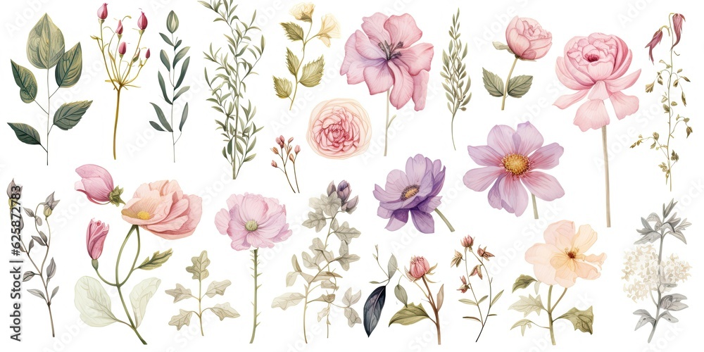 Realistic Watercolor Flower Clipart Set - Create Simple and Elegant Bridal Designs, Wallpapers, Greetings, and Fashion with these Beautiful Floral Illustrations. Generative AI Digital Illustration