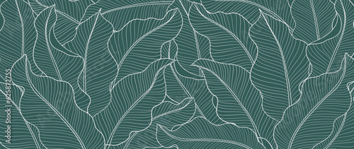 Botanical banana leaf line art wallpaper background vector. Luxury natural hand drawn foliage pattern design in minimalist linear contour simple style. Design for fabric, cover, banner, invitation.