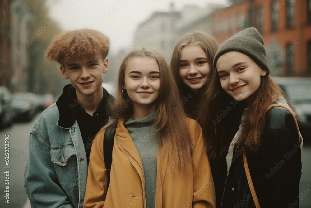 Teenager girls and a boy in town looking together at the camera and smiling Teenager girls and a boy in town looking together at the camera and smiling