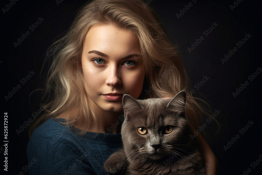 Beautiful teenager with long blond hair embracing a cute pet cat, looking at the camera, neutral background