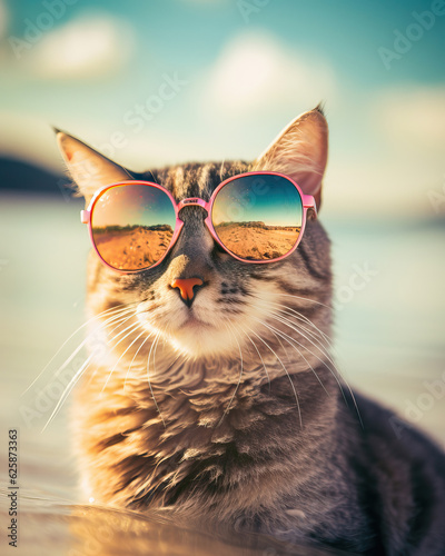 Cat wearing sunglasses on the beach.,cat in the sun,cat on the beach,a cat on the beach wearing sunglasses in FIJI cinematic 