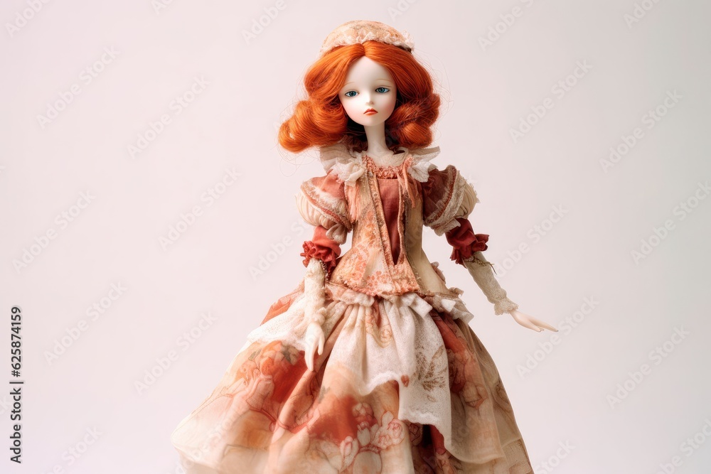 Old porcelain doll with beautiful dress. Red haired porcelain doll on white background