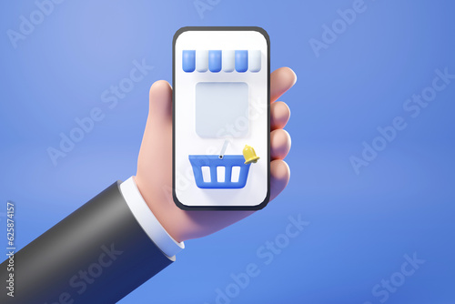 3D rendering online shop concept , minimal ecommerce online store ,Business man holding black phone with online shopping application on blue background ,First person view smartphone with notification 
