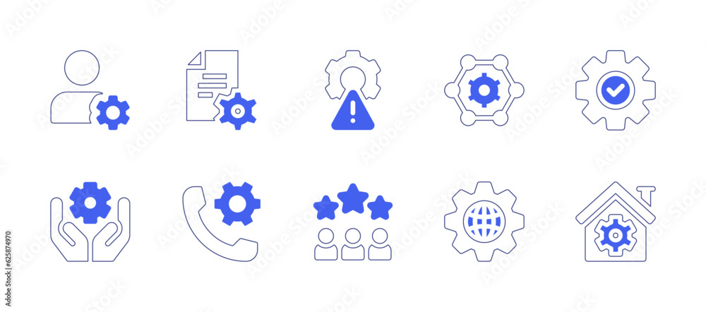 Management icon set. Duotone style line stroke and bold. Vector illustration. Containing profile, content management, risk management, team, gear, corporate, call, management, house.