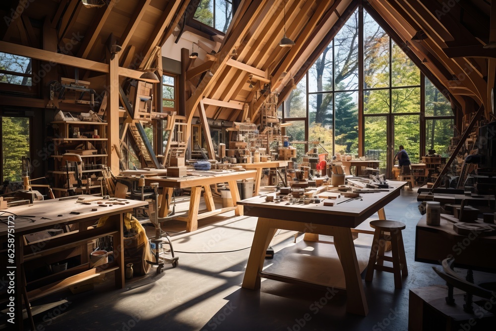 Woodworking Studio With Artisans, Generative AI