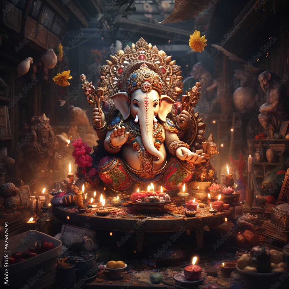 Ganesh Temple: A Divine Sight of Lord Ganesha on a Golden Throne with Glowing Diyas